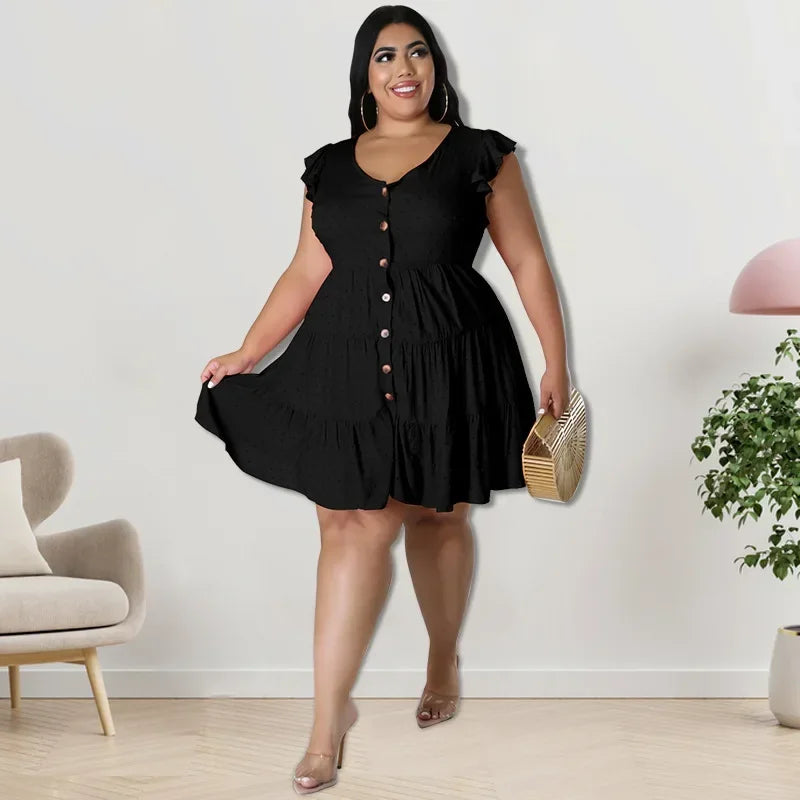 FZ Women's Plus Size Solid Ruffles Short Sleeve Turn-down Collar Single Breasted Dress