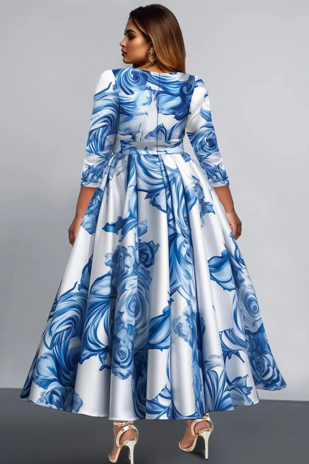 FZ Women's Plus Size Floral V Neck Long Sleeve Pleated Pocket Satin Maxi Dress