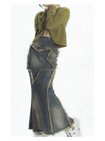 FZ Women's High Street Retro Style Distressed Long Denim Skirt