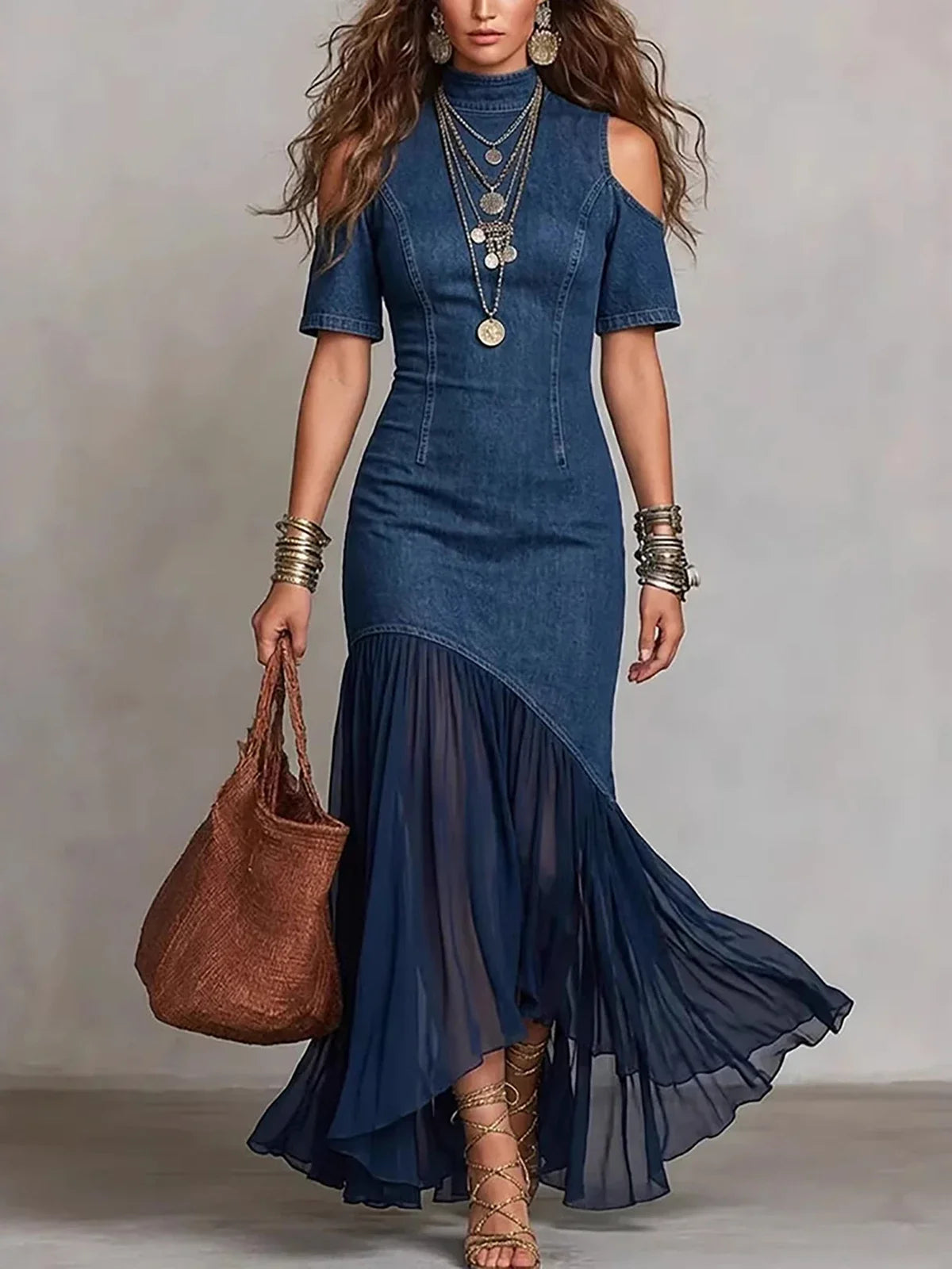 FZ Women's Vintage Patchwork Off Shoulder High Street Fishtail Denim Dress