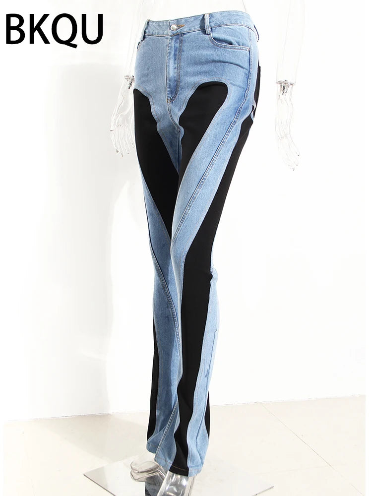 FZ Women's Skinny Pencil High Waisted Contract Color Patchwork Denim Long Pants Suit - FZwear