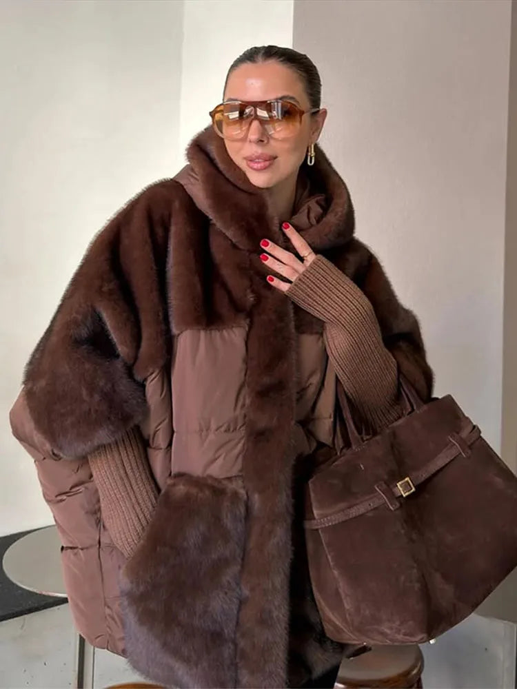 FZ Women's Hooded Patchwork Cotton Faux Fur Oversize Knitted Cuffs Jacket