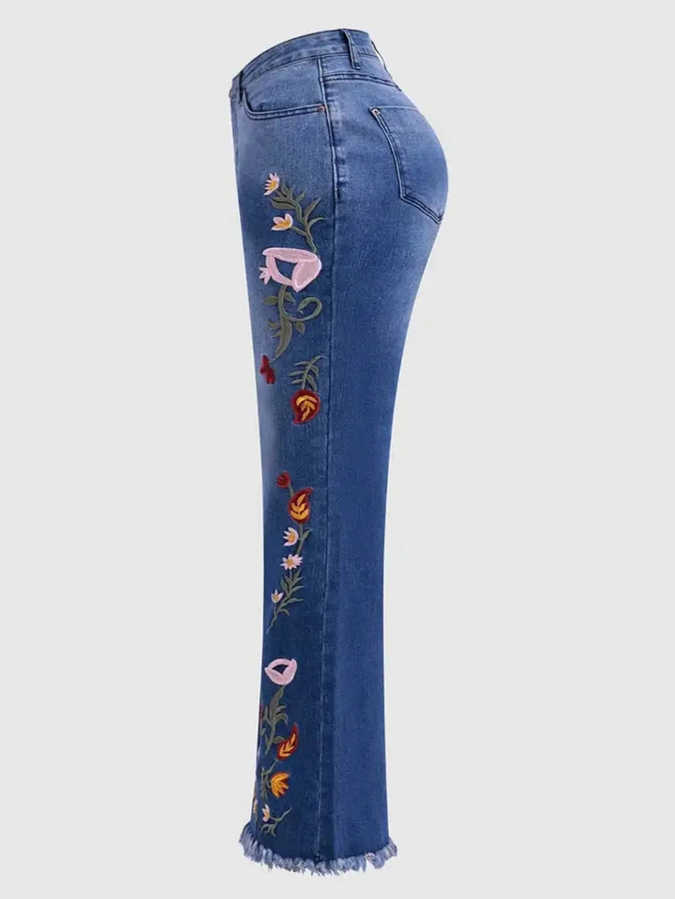 FZ Women's Elastic Embroidered Flared Slim-fit Mid-waist Denim Pants