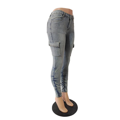 FZ Women's Pockets Stacked Slim Pleated Casual Denim Pants - FZwear