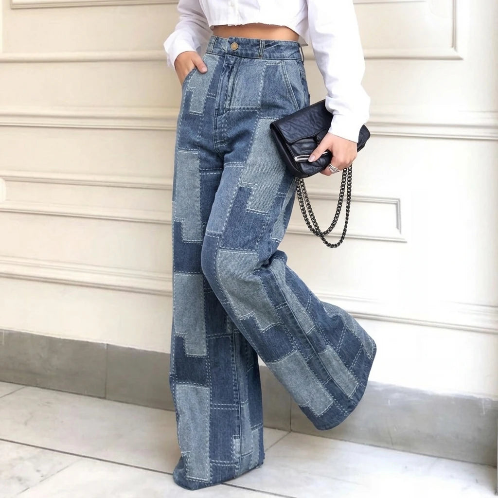 FZ Women's Plaid Contrast Loose Buttoned High Waist Wide Leg Denim Pants