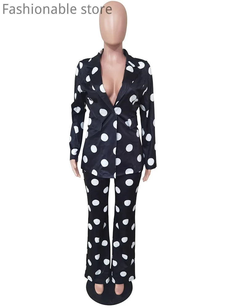 FZ Women's One Button Dot Print High Waist Straight Pants Suit