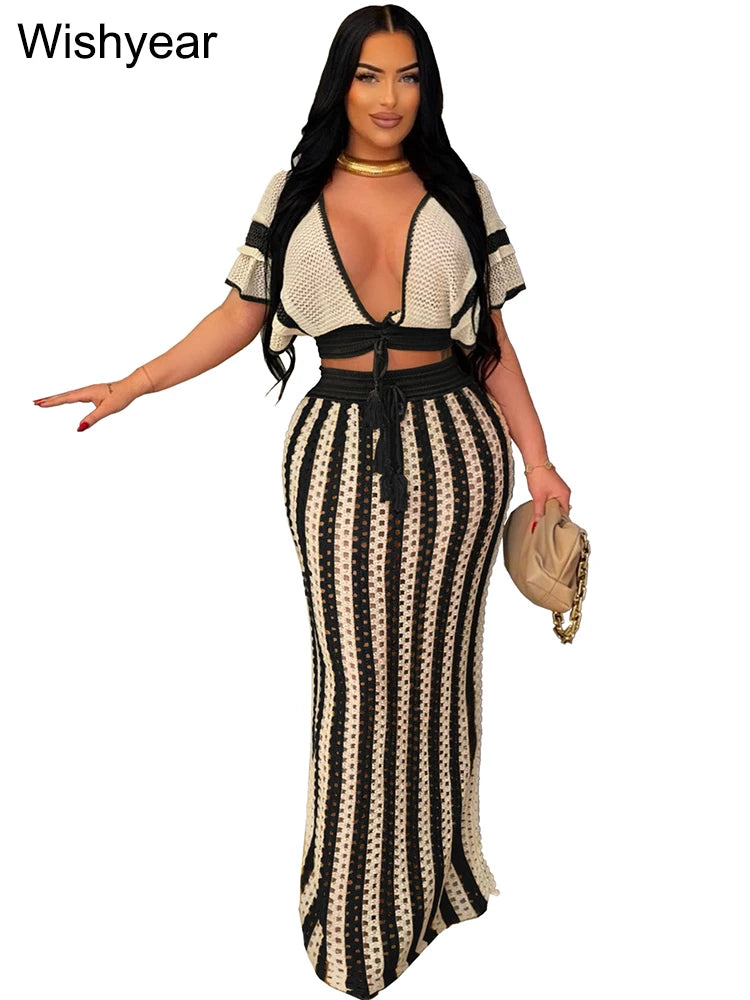 FZ Women's Elegant Knitted Crochet Swimsuit Black Stripe Two 2 Pieces Suit