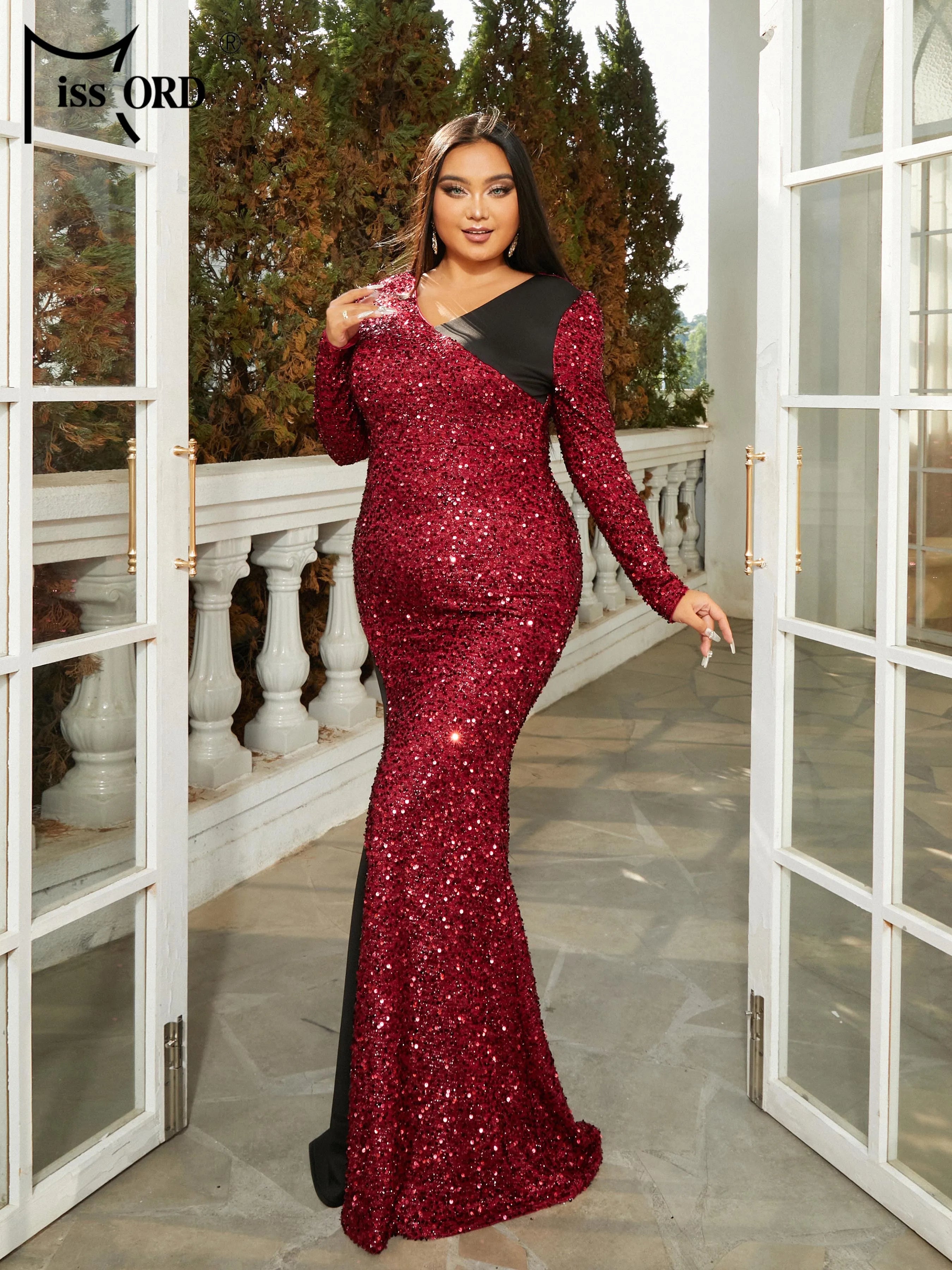 FZ Women's Plus Size V-Neck Long Sleeved Panel Sequin Mermaid Evening Dress