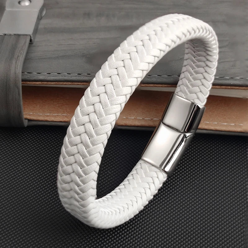 FZ Simple White Leather Braid Stainless Steel Buckle Clasps Bracelet