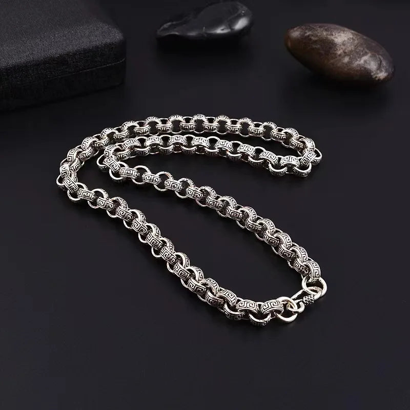 Vintage Gothic Men Punk S925 Sterling Silver Fret Pattern Chockers Chain Necklace for Male Hip Hop Party Jewelry Accessories FZwear