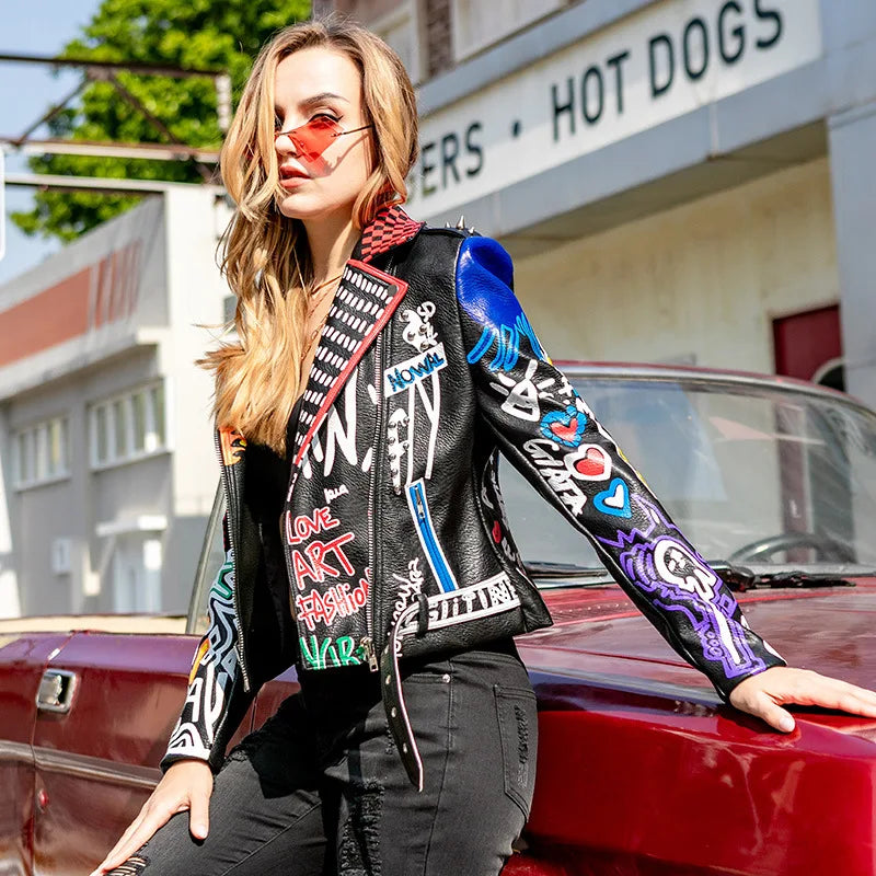 FZ Women's Spring Printed Pu Motorcycle Wear Leather Punk Rock Jacket - FZwear