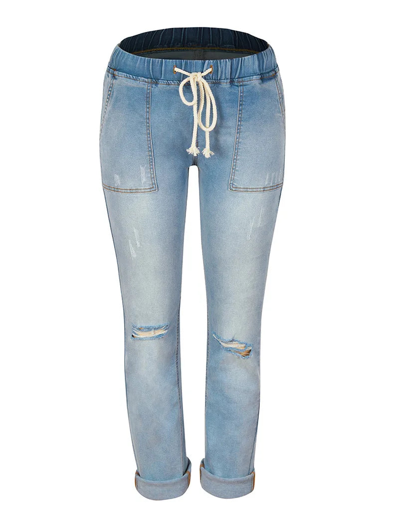 FZ Women's Streetwear Ripped Vintage Drawstring Elastic Waist Denim Pants - FZwear