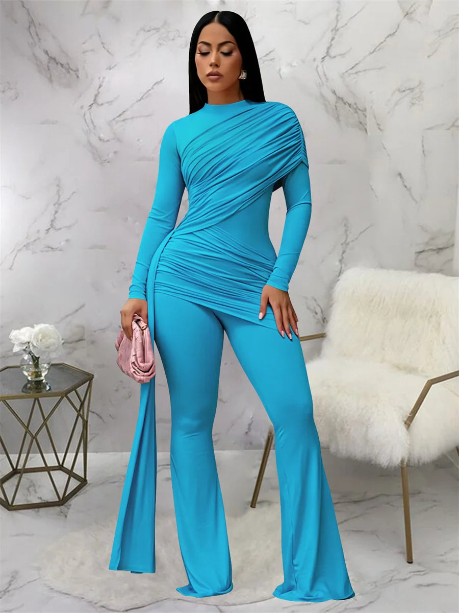 FZ Women's Ruched Chic Ribbon Patchwork Flared Jumpsuit