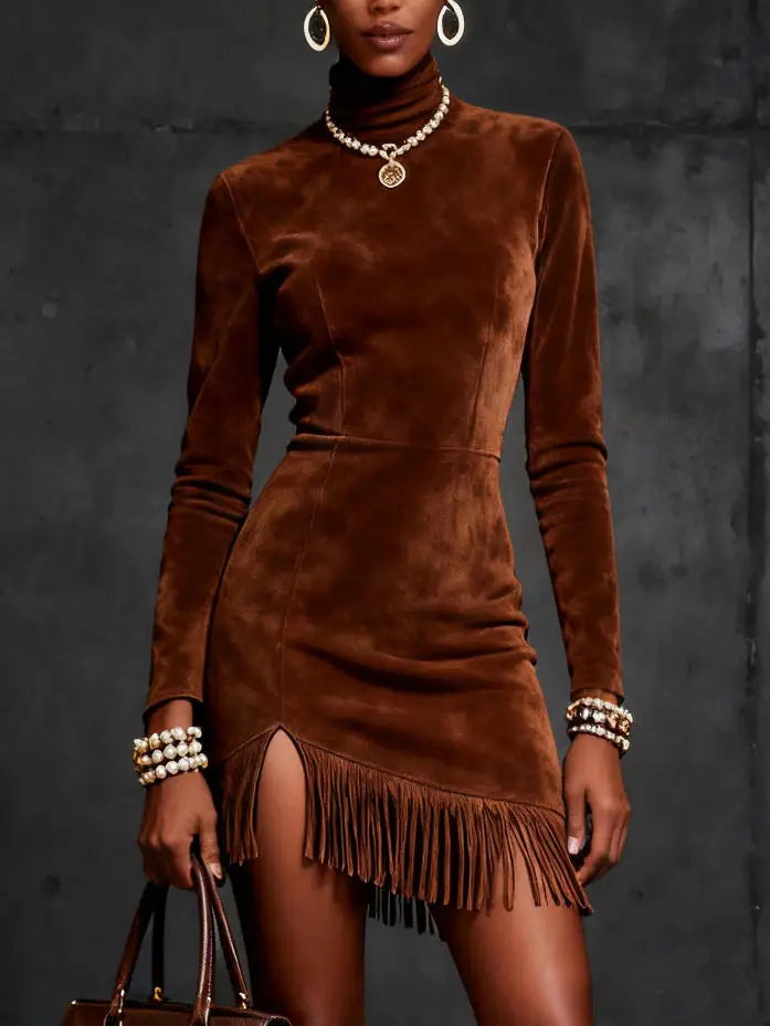 FZ Women's Suede Faux Leather Turtleneck Tassel Trim Slim Mini Dress