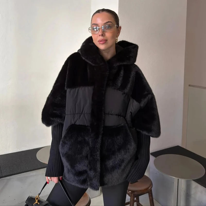 FZ Women's Hooded Patchwork Cotton Faux Fur Oversize Knitted Cuffs Jacket