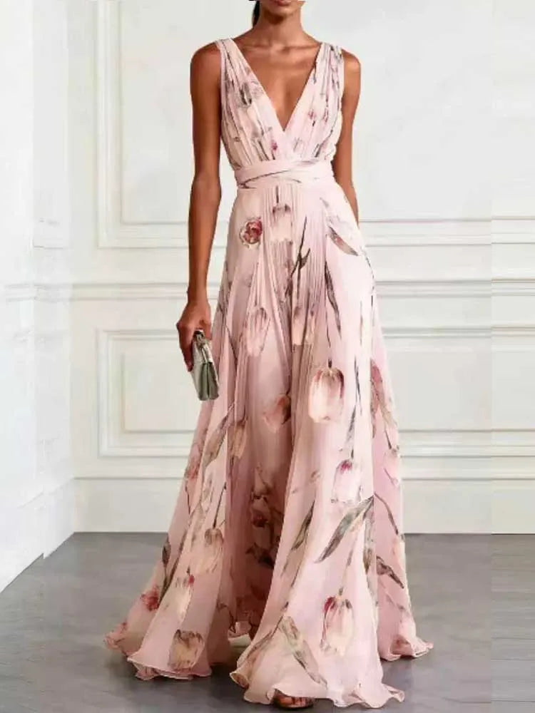 FZ Women's Chic Deep V-neck Sleeveless Floral Sundress