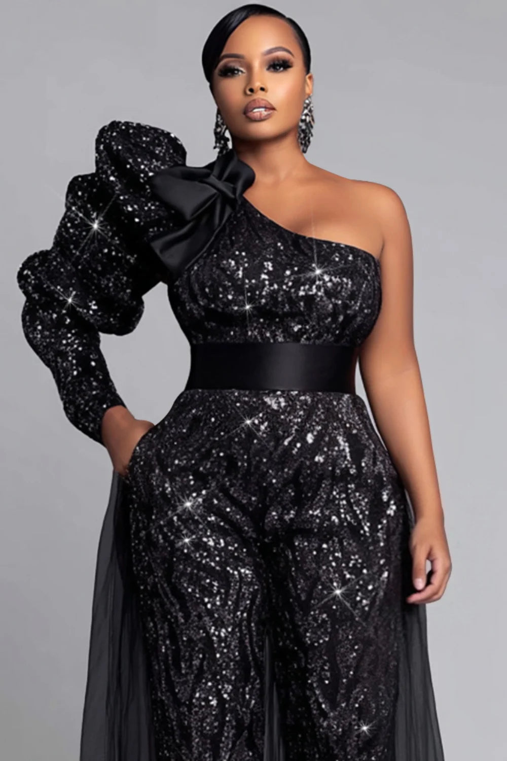 FZ Women's Plus Size One Shoulder Long Sleeve Peplum Sequin Jumpsuit
