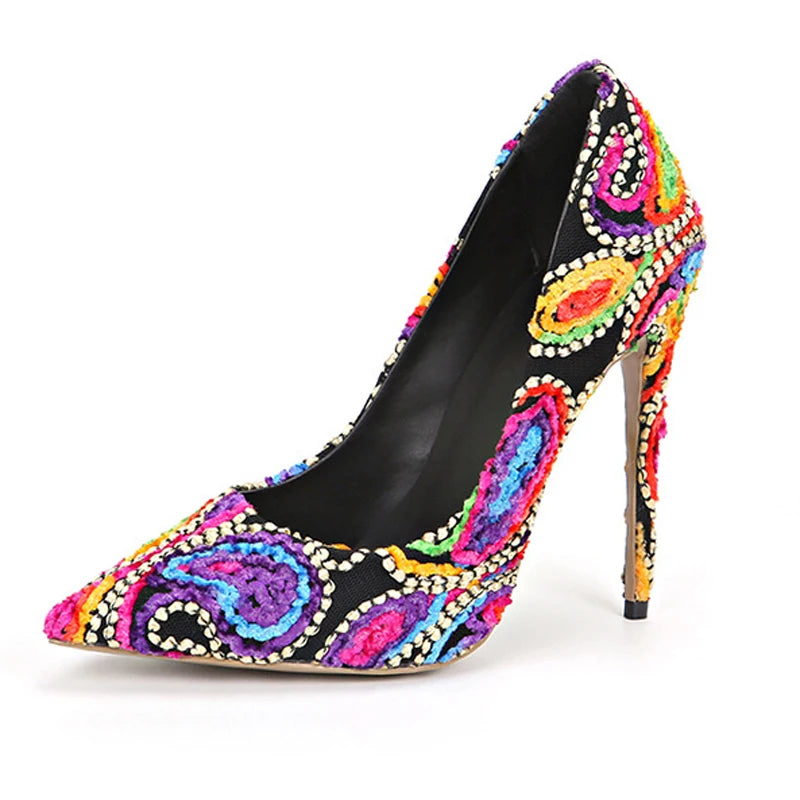 FZ Women's Flower Embroidery High Heels Pumps Shoes