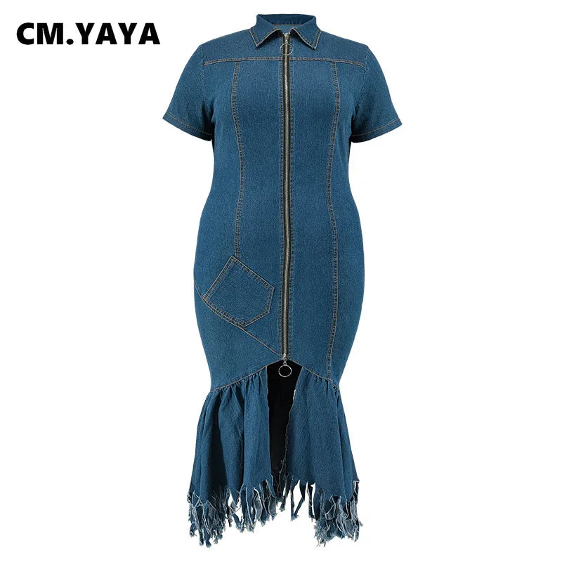FZ Women's Plus Size Short Sleeve Tassel Zip Denim Dress