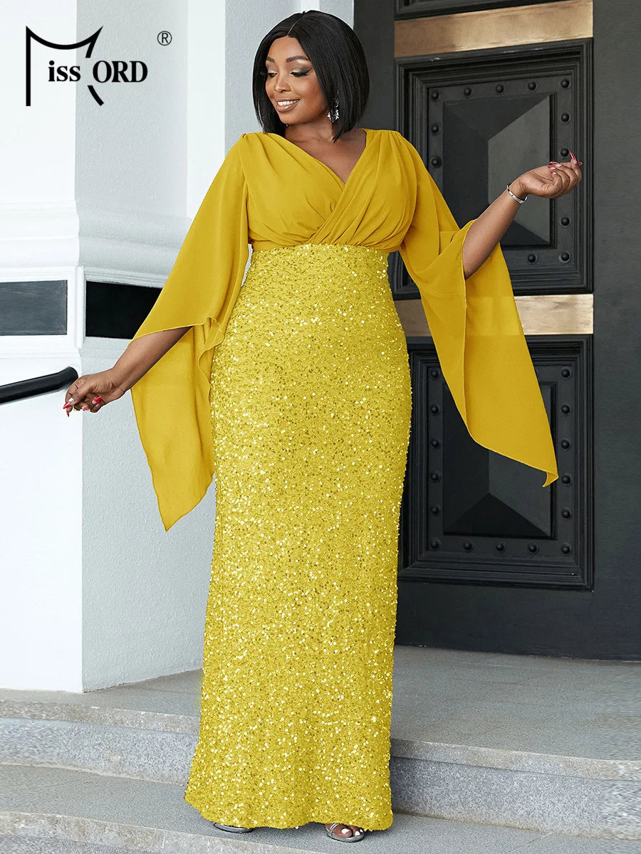 FZ Women's Plus Size V Neck Flare Sleeve Evening Dress