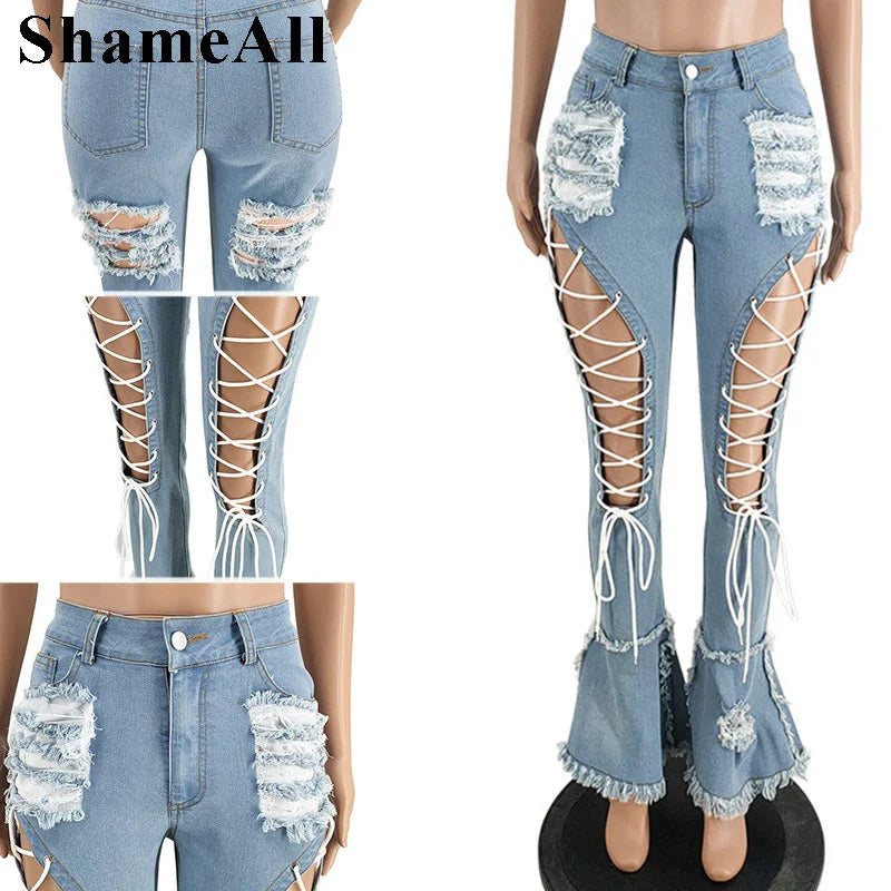 Plus Size Streetwear Lace Up Sexy Ripped Skinny Black Flare Jeans 4XL Woman Club Party High Waisted Stretchy Denim Bell Bottom FZwear