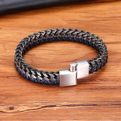FZ Fashion Stainless Steel Double Chain Braid Leather Bracelet - FZwear