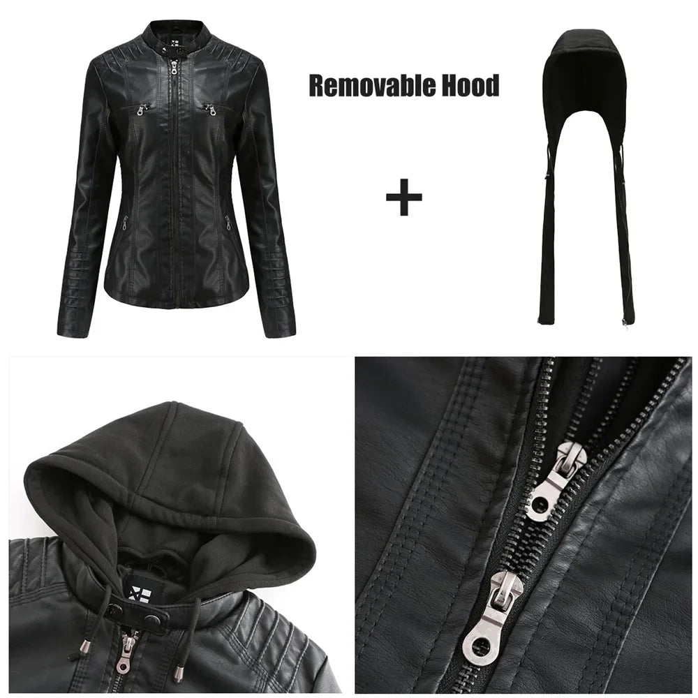 FZ Women's Hooded Faux Leather Moto Biker Zipper Jacket - FZwear
