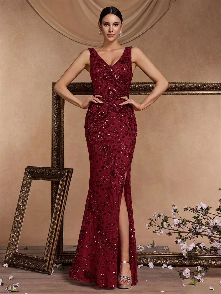 FZ Women's V-neck Slit Sequin Mermaid Deep Cocktail Evening Dress