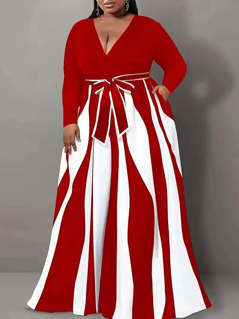 FZ Women's Plus-Size V-neck long-sleeved striped color-block dress