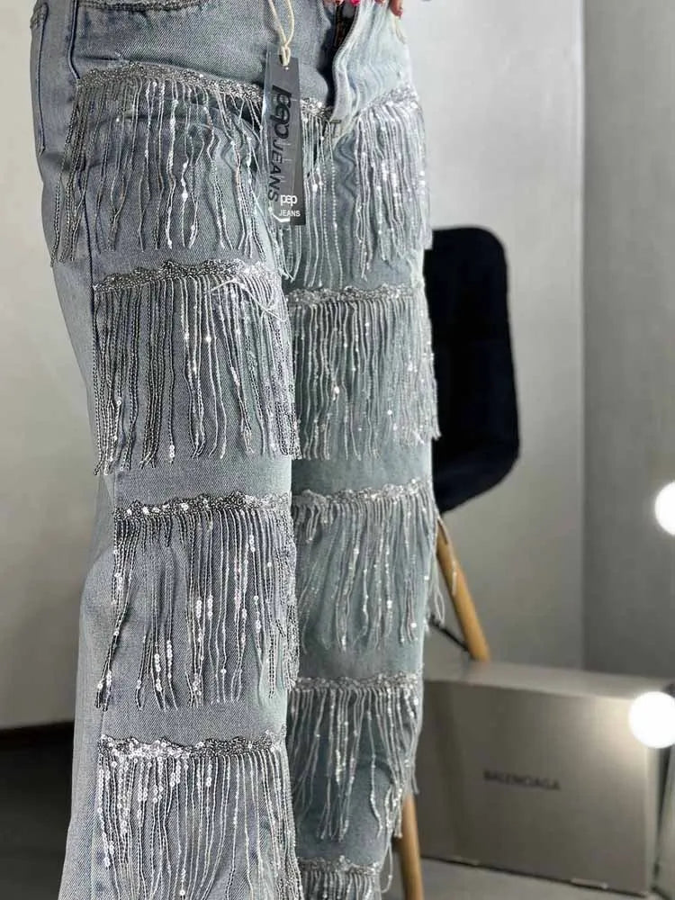 FZ Women's Sequined Tassel High Waist Straight Denim Pants