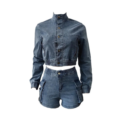 Benuynffy Single Breasted Long Sleeve Cropped Denim Jacket Women Y2k Streetwear Elastic Waist Cargo Jean Shorts 2 Piece Sets FZwear