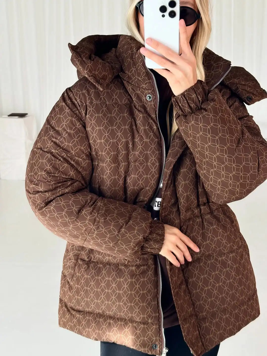 FZ Women's Padded Printed Outerwear Waist-Cinching Coat Jacket