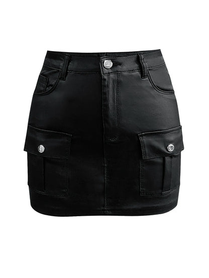 FZ Women's Mid Waist Pocket Design Faux Leather High Street Skirt