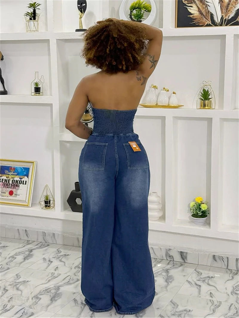 FZ Women's Streetwear Sleeveless Backless One Piece Denim Jumpsuit