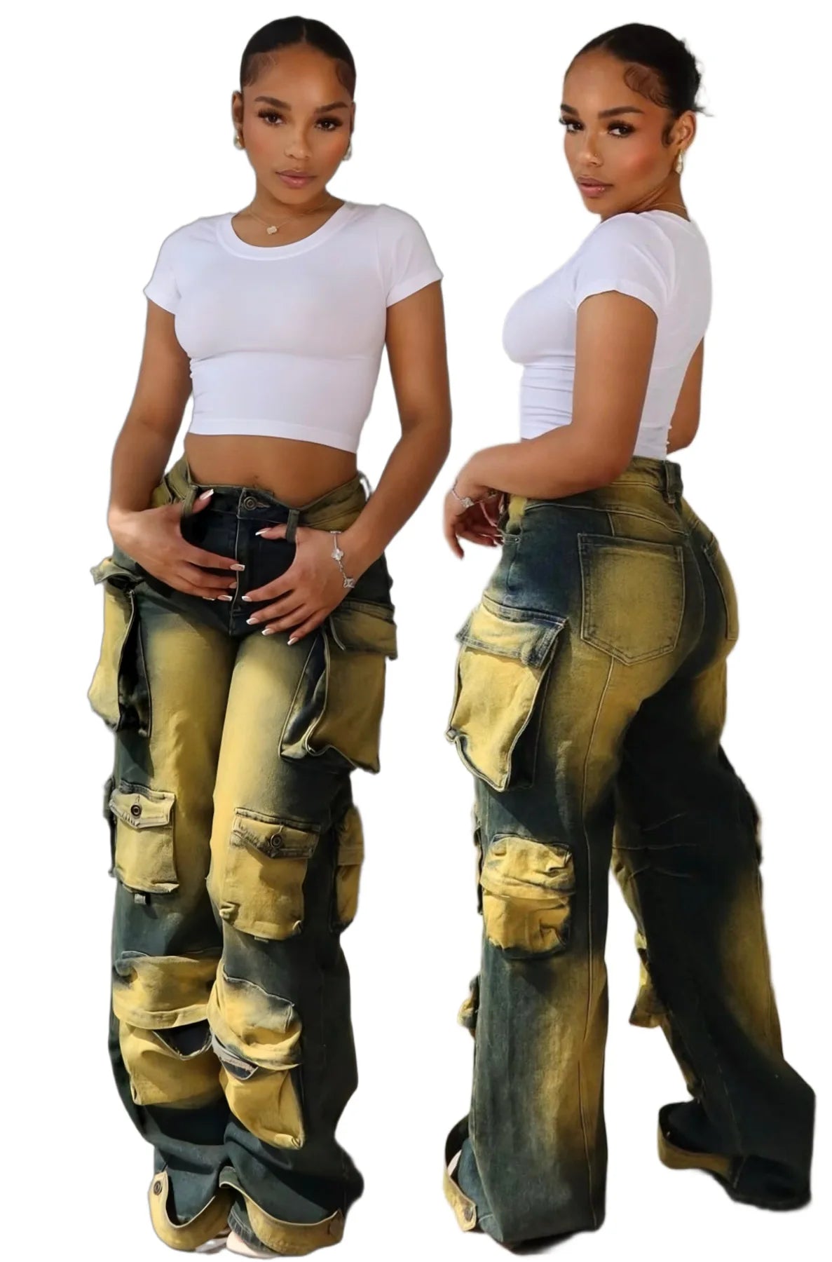 FZ Women's Tie Dye High Waist Y2K Streetwear Cargo Denim Pants
