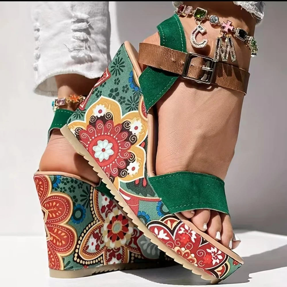 FZ Women's Floral Print Suede Bohemian Wedge Sandals Shoes