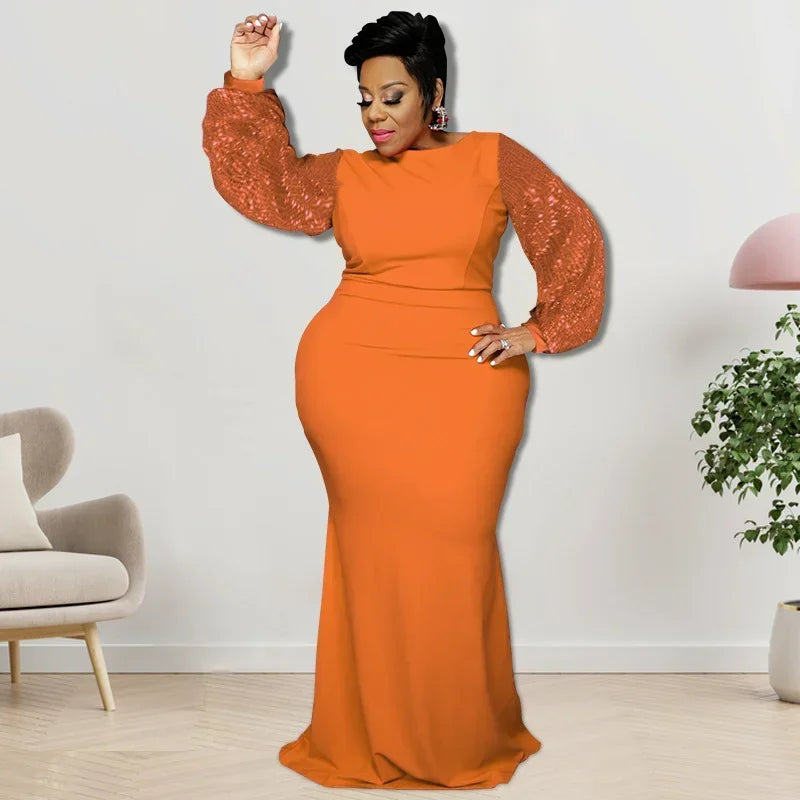 FZ Women's Plus Size Sequin Patchwork Lantern Long Sleeve Maxi Evening Dress