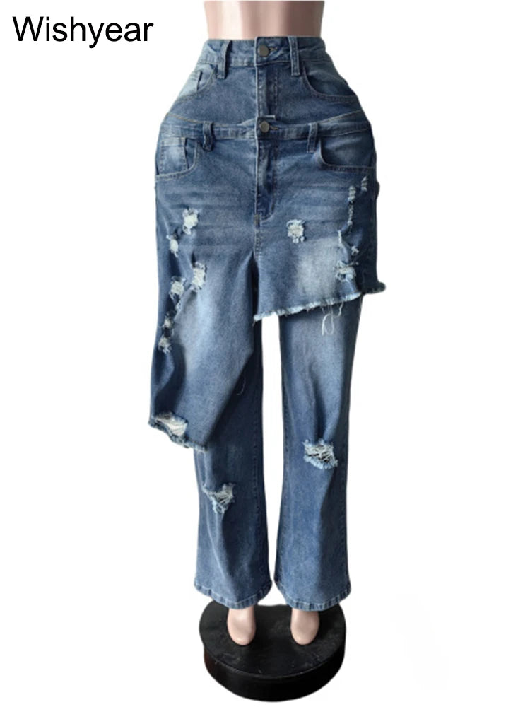 FZ Women's Apron Perforated Straight Wide Leg Streetwear Stretch Denim Pants