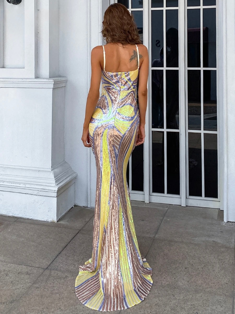FZ Women's Printed Sequin Spaghetti Strap V Neck Maxi Mermaid Evening Dress