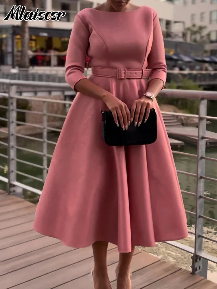FZ Women's A-Line 3/4 Sleeve with Belt Midi Dress