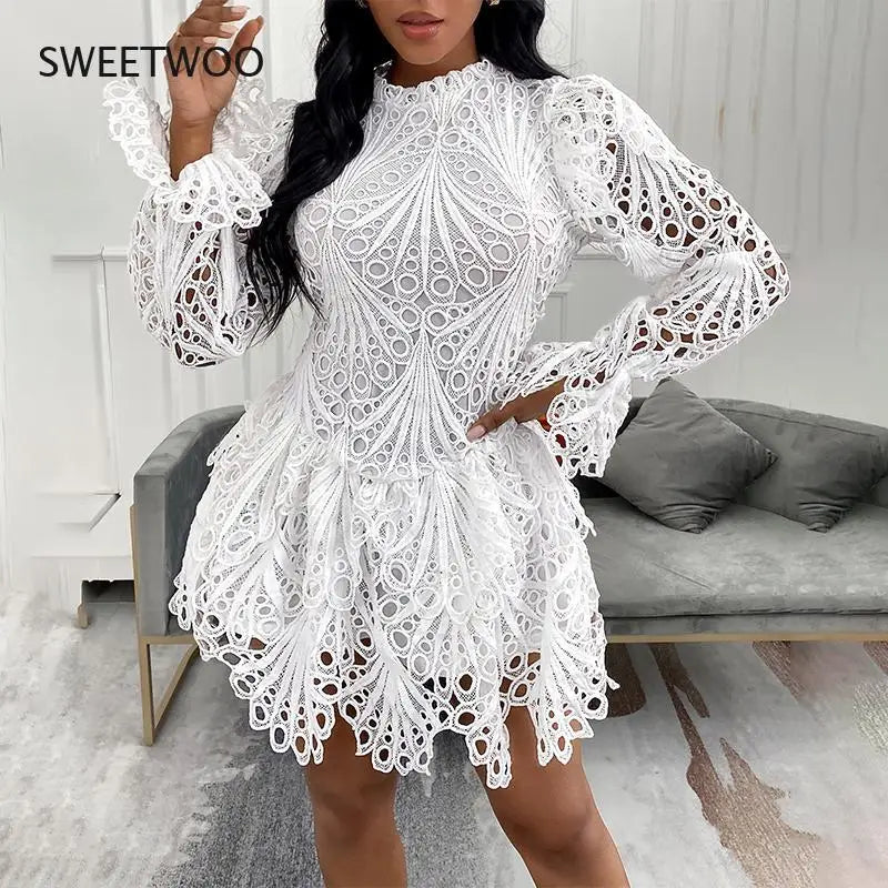 FZ Women's Crochet Cutout Flared Sleeve Lace Mini Dress - FZwear