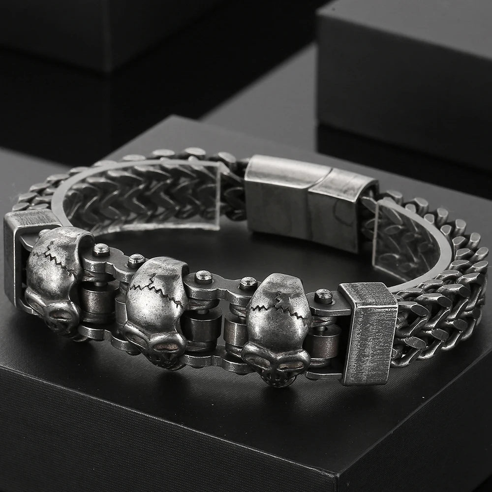 FZ Men's Vintage Black Stainless Steel Steampunk Skull Head Bracelet