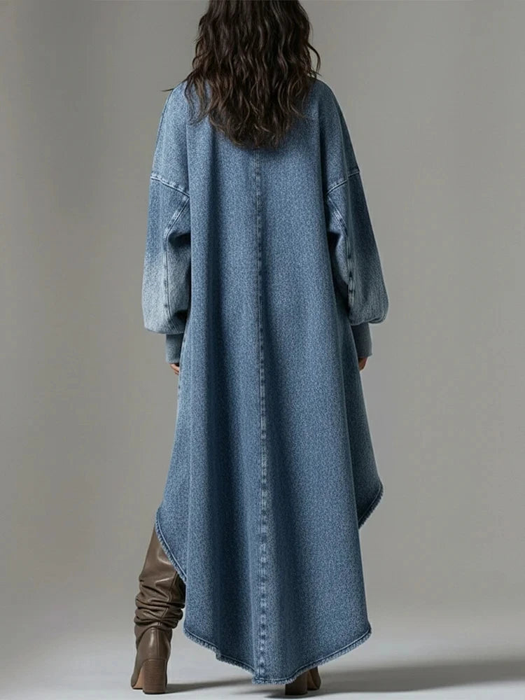 FZ Women's Vintage Washed High Low Maxi Long Lantern Sleeve Oversized Denim Dress