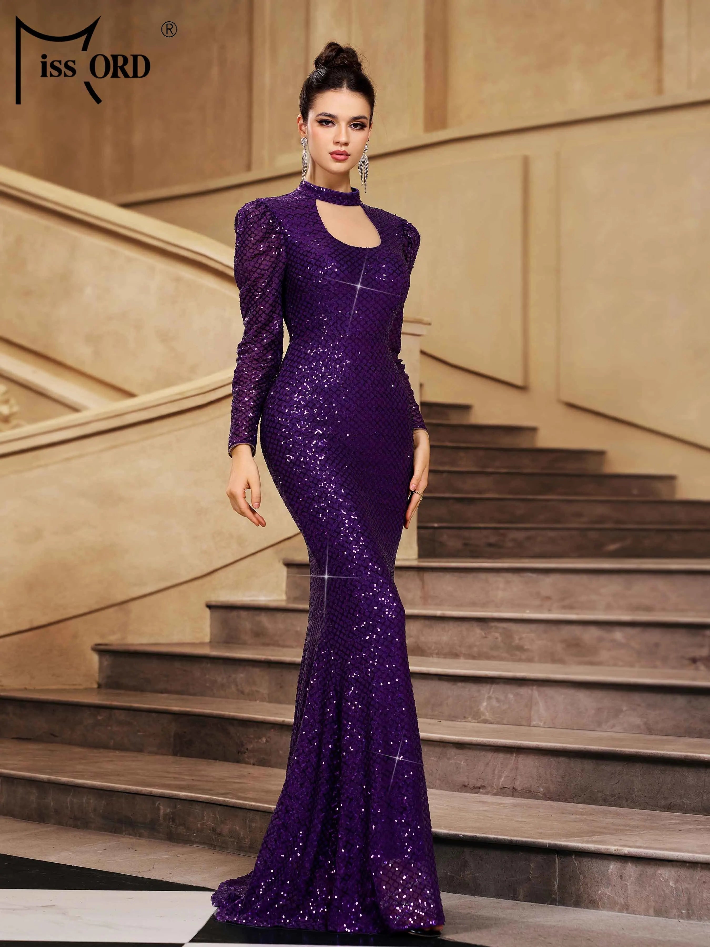 FZ Women's New Round Neck Long Sleeved Sequin Mermaid Evening Dress