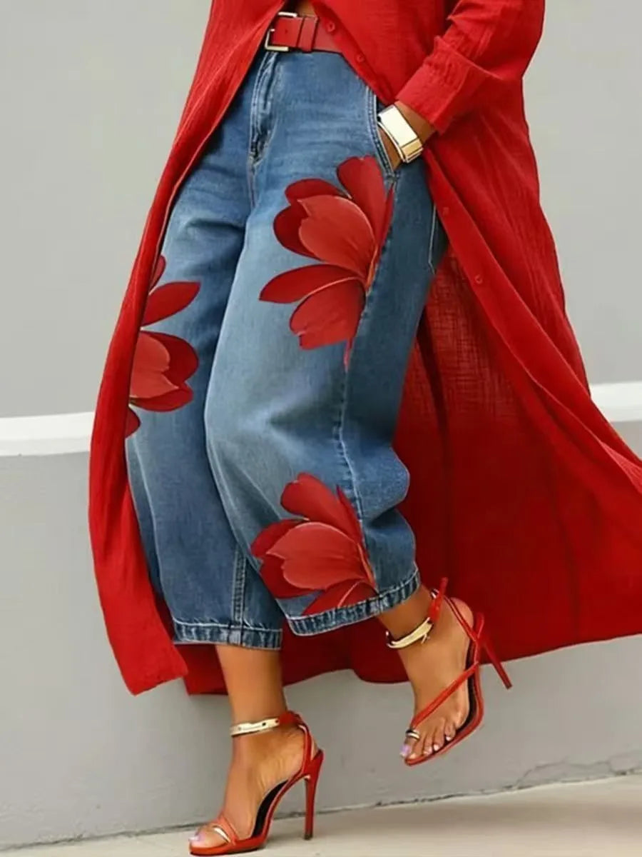 FZ Women's Floral Print High Waist Loose Fit Wide Leg Denim Pants