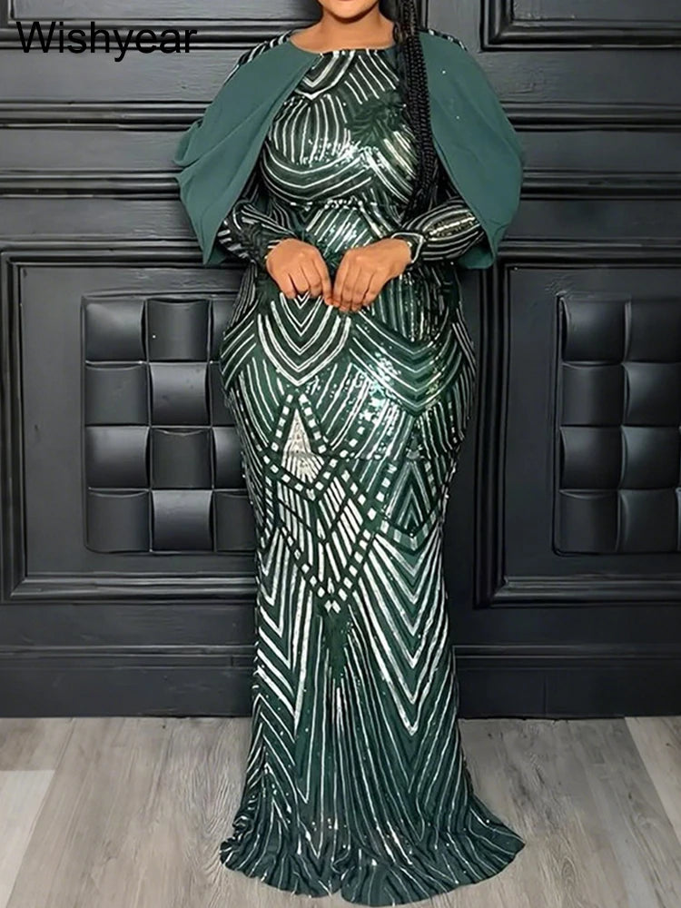 FZ Women's Sequined Long Sleeve Slim Mermaid Evening Dress