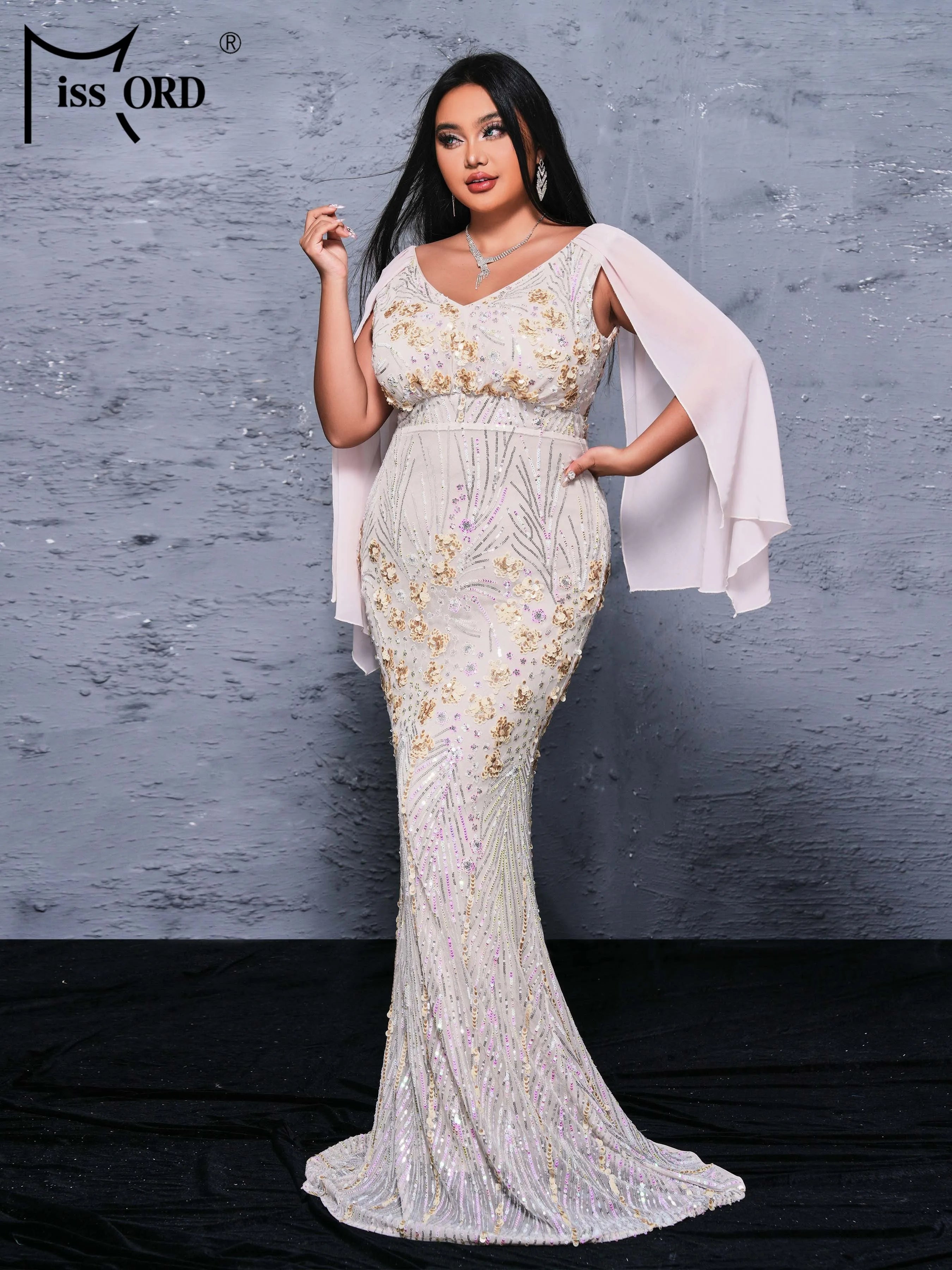 FZ Women's Plus Size V Neck Sequin Mermaid Floor Length Evening Dress