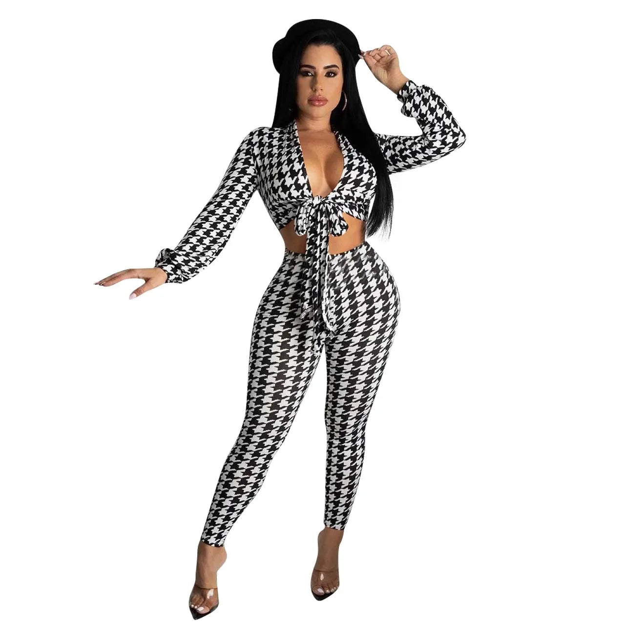 FZ Women's Plaid High Sexy Shinny Chic Slim Two Piece Pants Suit - FZwear