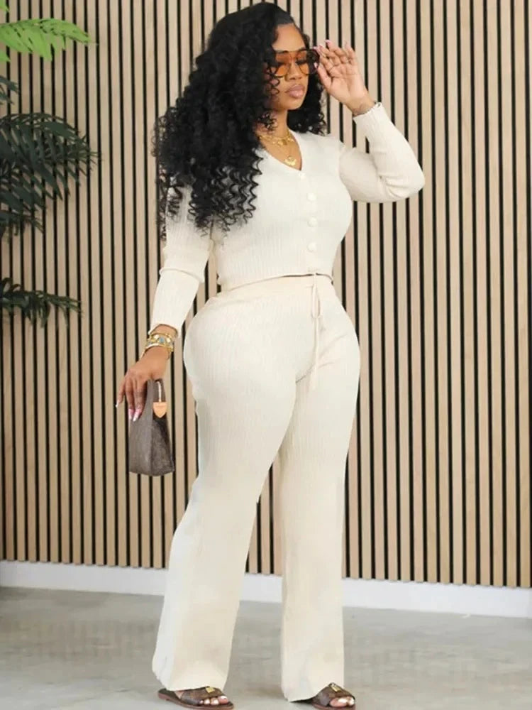 FZ Women's Solid Ribbed Knitted Long Sleeve Button 2 Piece Sets Pants Suit