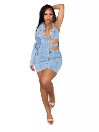 Benuynffy Deep V-neck Sexy Cutout Denim Dress Women Autumn New Single Breasted Elastic Fashion Long Sleeve Spring Mini Dresses FZwear